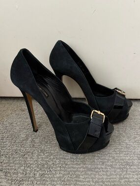 Sergio Rossi Black Suede Peep-Toe Platform Heels with Gold Buckle